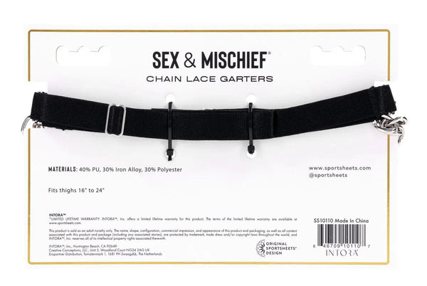 Back of packaging listing materials—40% PU, 30% iron alloy, 30% polyester—fits thighs 16 to 24 inches