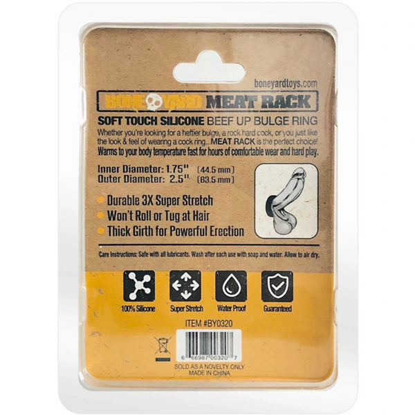 Back of packaging listing specs: 1.75in inner diameter, 3X stretch, body-safe silicone