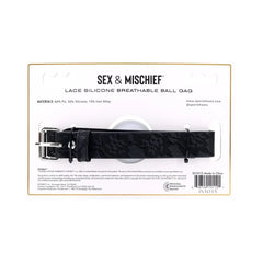 Back packaging of Sex & Mischief Lace Silicone Breathable Ball Gag showing materials and brand info