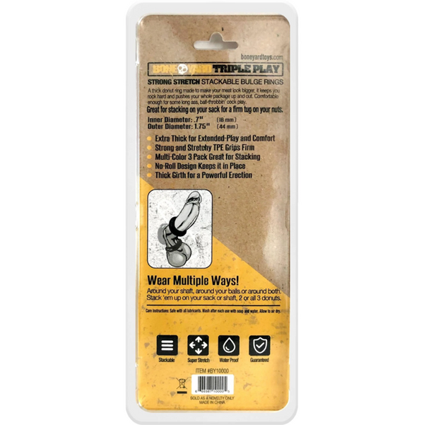 Back packaging of Triple Play rings showing sizing specs, wear instructions, and feature icons