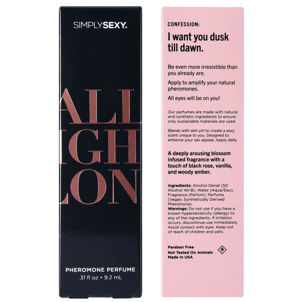 Back panel of All Night Long box showing scent description, ingredients list, and usage directions