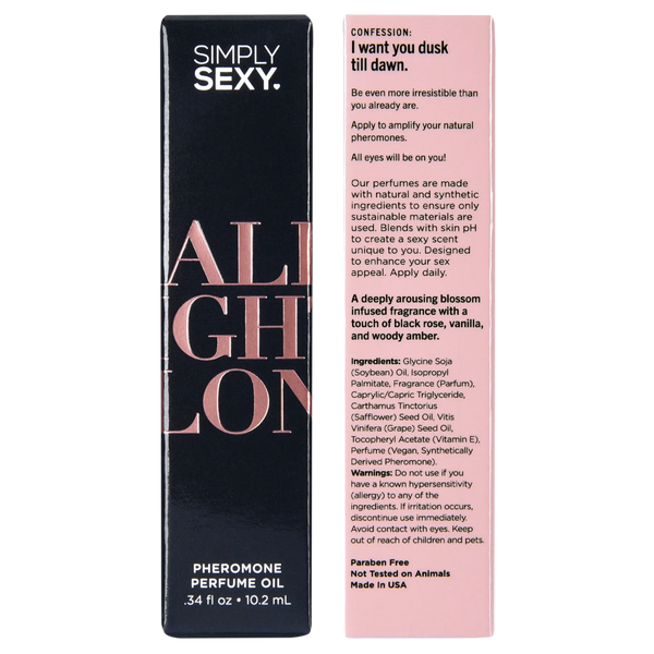 Back panel of All Night Long box showing scent description, ingredients list, and usage directions
