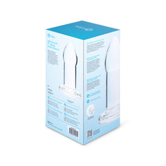 Back panel of the b-Vibe Advanced 8-Inch Glass Anal Dilator box showing features and specs