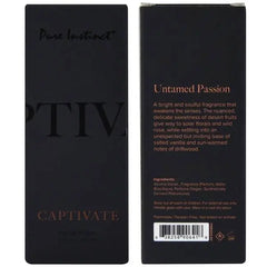 Back panel of Captivate box showing Untamed Passion scent description and ingredients