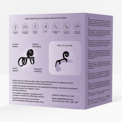 Back panel of Jovi Arc box detailing ArcFit triple-ring system, dimensions, and feature icons