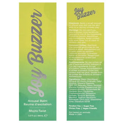 Back panel of Joy Buzzer box showing directions, ingredients, and paraben-free vegan certifications