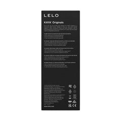 Back panel of LELO KAYA Originals box showing multilingual product details and waterproof feature