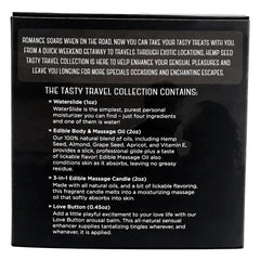 Back panel listing four pineapple-scented hemp seed products included in the Tasty Travel Collection