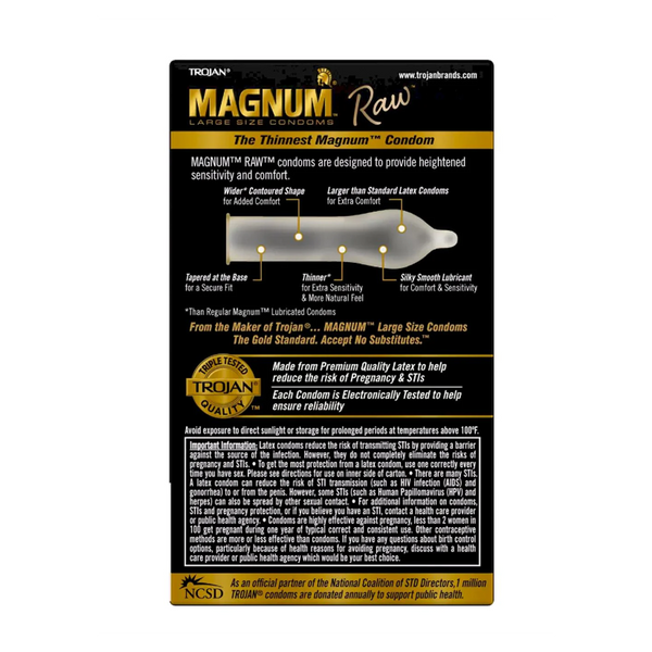 Back panel of Magnum Raw box showing contoured shape diagram, lubricant details, and safety information
