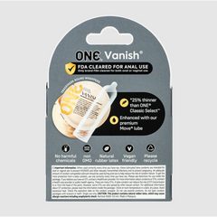 Back panel of ONE Vanish packaging showing FDA anal-use clearance and key latex features