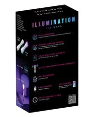 Back panel of Paradise Illumination box listing LED modes, vibration patterns and app control