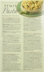 Back panel of Penis Pasta box displaying multilingual raunchy recipe instructions