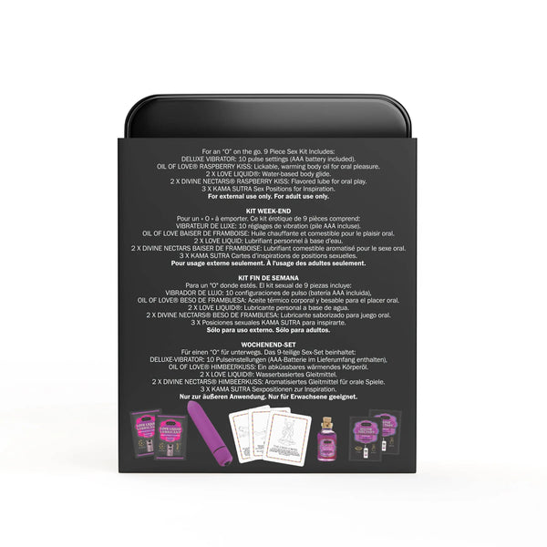 Back panel of Weekender Kit box showing multilingual 9-piece kit contents list