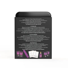 Back panel of Weekender Kit box showing multilingual 9-piece kit contents list