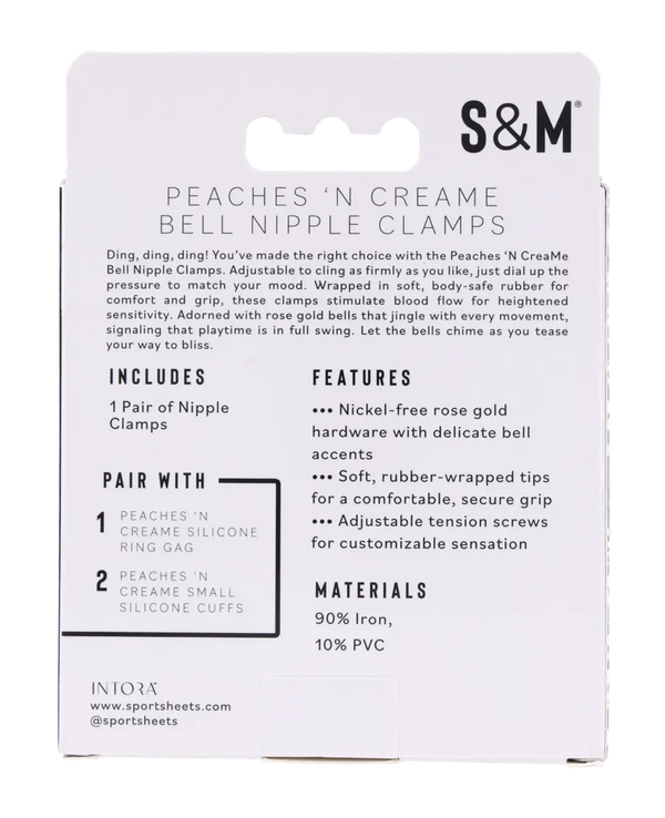 Back of Peaches 'N CreaMe Bell Nipple Clamps box showing materials, features, and includes list