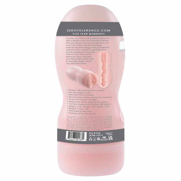 Back of Pop & Toss retail packaging listing product specs, warranty info, and care instructions