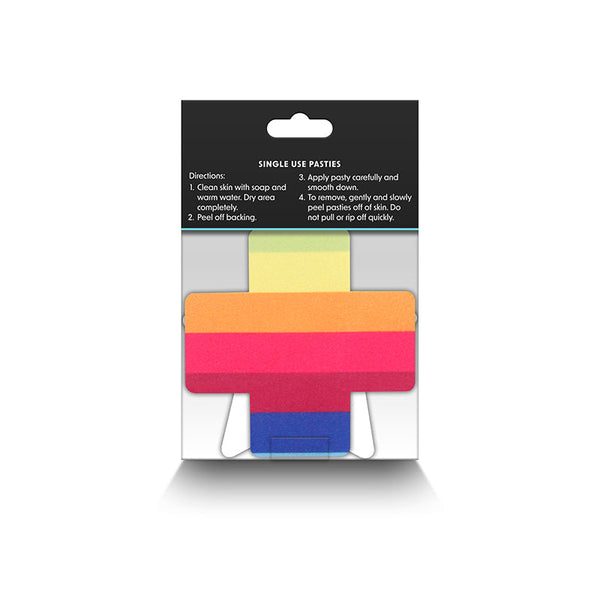 Back of Pretty Pasties packaging showing single-use directions and cross pastie design