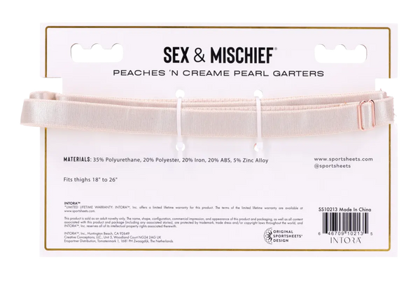 Back of product card showing materials list and thigh sizing range 18 to 26 inches