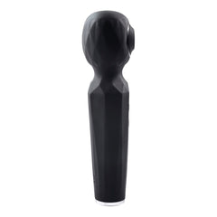 Back profile of black faceted silicone wand body with smooth geometric handle and chrome base ring
