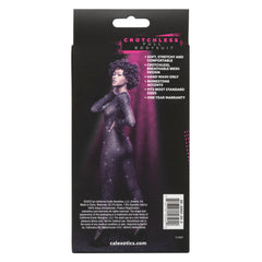 Back of Radiance Crotchless Full Body Suit box listing soft stretchy mesh fabric details