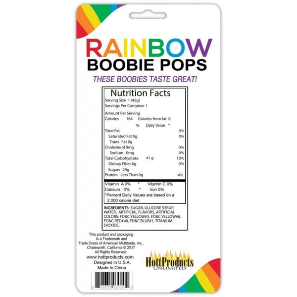Back of Rainbow Boobie Pops packaging displaying nutrition facts label and ingredients list