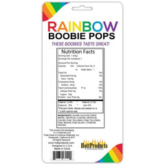 Back of Rainbow Boobie Pops packaging displaying nutrition facts label and ingredients list