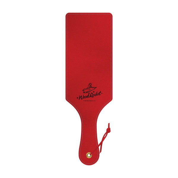 Back view of red stitched faux-leather impact paddle showing Wood Rocket brand logo
