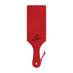 Back view of red stitched faux-leather impact paddle showing Wood Rocket brand logo