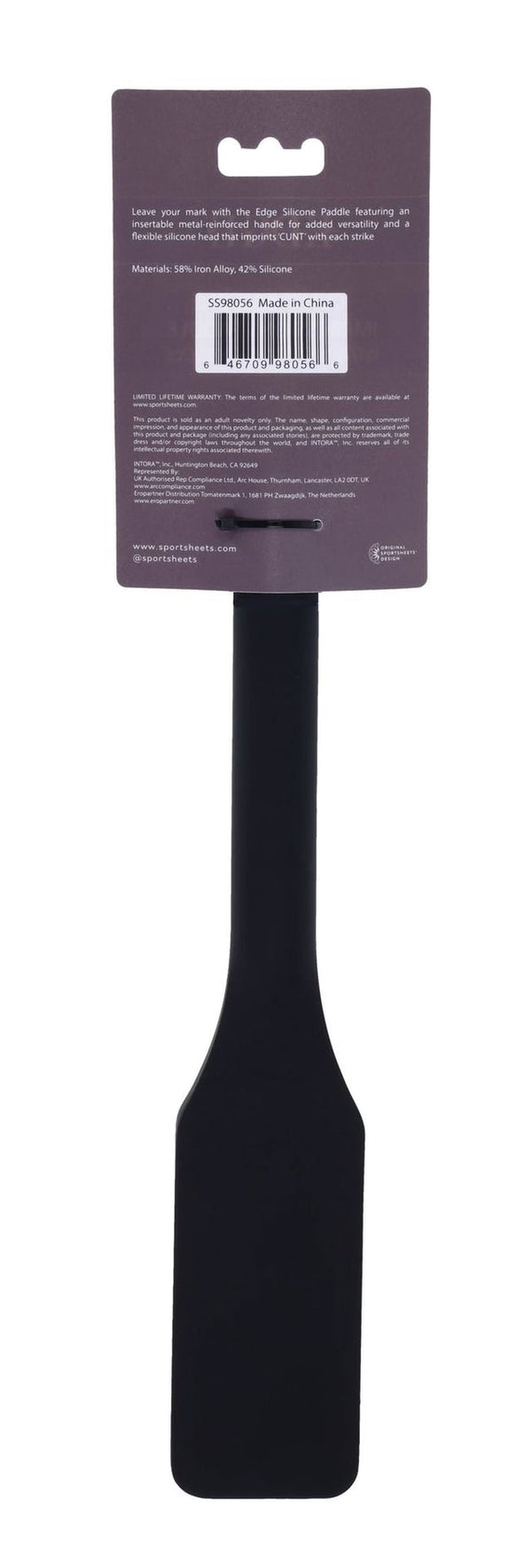 Back of retail packaging showing materials list and product description for Edge silicone paddle