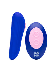 Back view of ROMP Party panty vibrator next to remote showing plus and minus buttons
