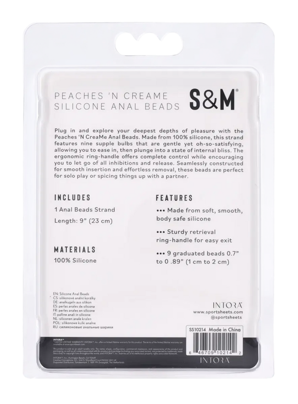 Back of S&M anal beads packaging listing 9-bead strand specs and 100% silicone material