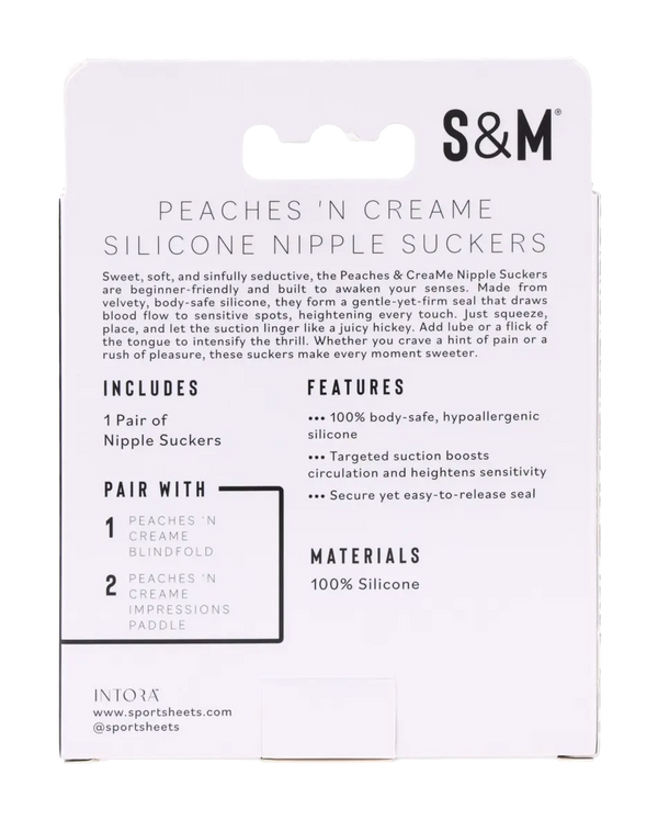 Back of S&M packaging listing 100% body-safe silicone material, features, and suggested companion items