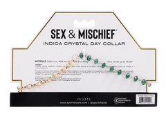 Back of Sex & Mischief Indica Crystal Day Collar packaging listing materials and sizing details