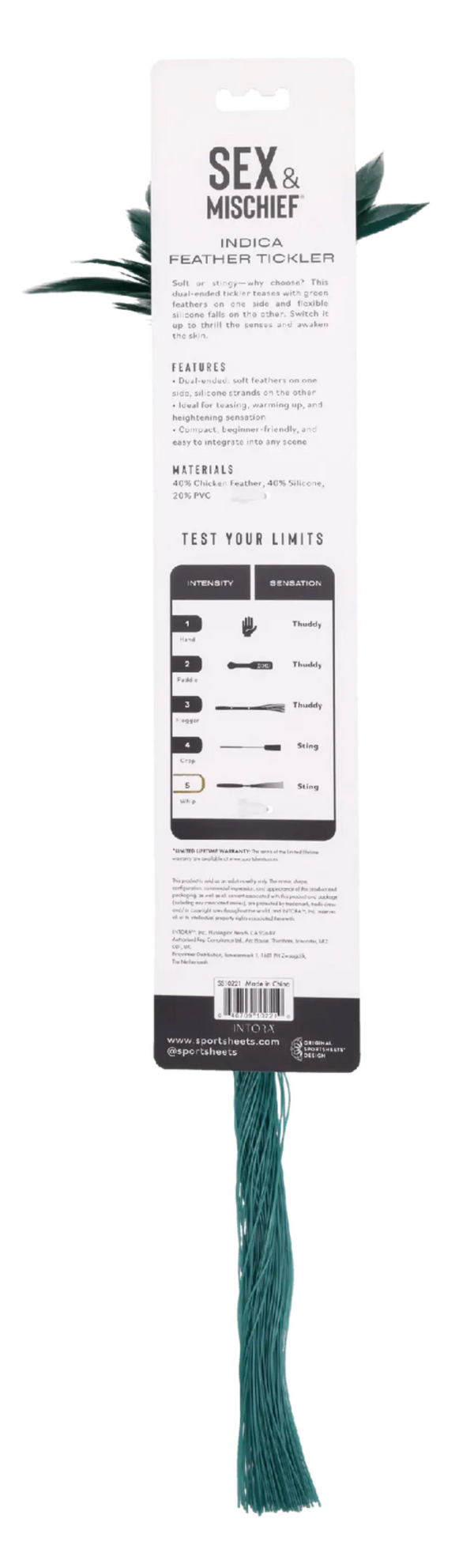 Back of Sex & Mischief packaging listing feather tickler materials, features, and intensity chart