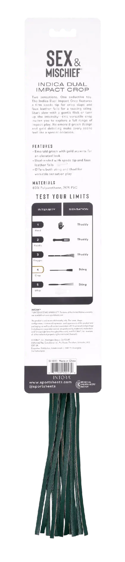 Back of Sex & Mischief packaging showing materials, intensity chart, and product features