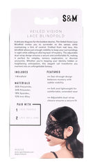 Back of Sex & Mischief Veiled Vision Lace Blindfold box listing materials, features, and pair suggestions