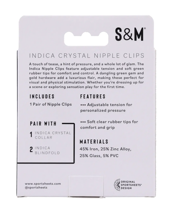 Back of Sportsheets Indica Crystal Nipple Clips box listing materials and features