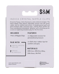 Back of Sportsheets Indica Crystal Nipple Clips box listing materials and features