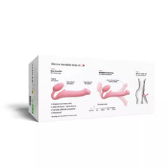 Back of Strap-On-Me M box showing key benefits, bendable positions, and firmness scale