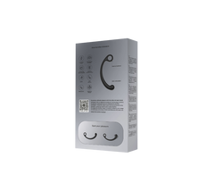 Back of SVibe AXI packaging showing feature icons, QR code, and dual-use diagram in grey tones