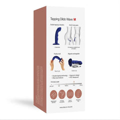 Back of Tapping Dildo Wave M box detailing firmness scale, features and flexible shaft info