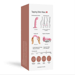 Back of Tapping Dildo Wave M box displaying specs, firmness scale and key features