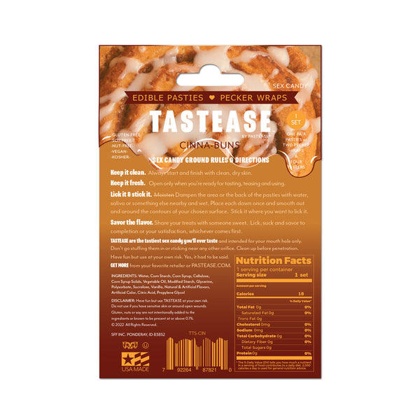 Back of Tastease Cinna-Buns packaging displaying usage directions, ingredients, and nutrition facts