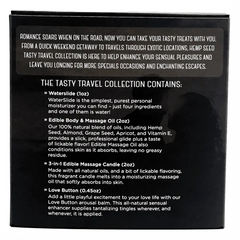 Back of Tasty Travel Collection box listing watermelon-scented vegan, paraben-free product contents