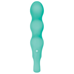 Back view of teal wavy vibrator showing power button on handle, smooth matte silicone finish