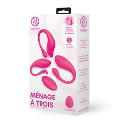 Back of Together Ménage à Trois box showing features: 10 vibration modes, USB rechargeable, body-safe silicone