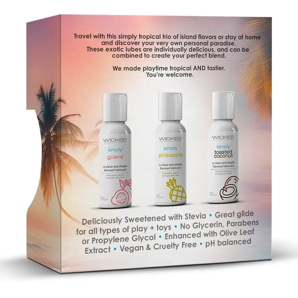 Back of tropical trio gift box with key features listed beside three Simply lubricant bottles at sunset