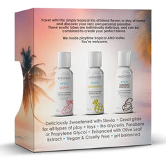 Back of tropical trio gift box with key features listed beside three Simply lubricant bottles at sunset