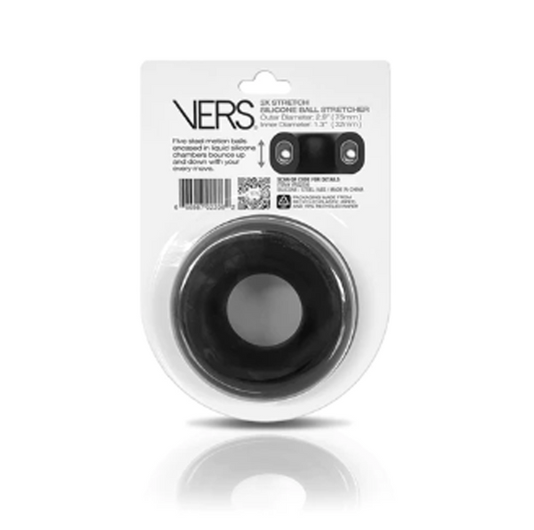 Back of VERS packaging showing dimensions, steel motion ball feature description, and barcode