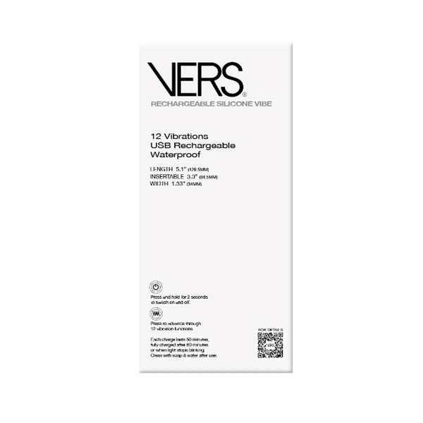 Back of VERS packaging listing 12 vibrations, USB recharge, and waterproof features